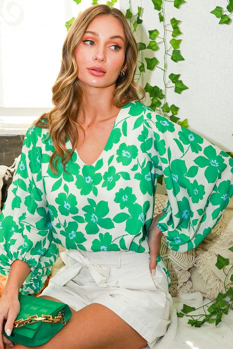 Green Puff Sleeve Floral Print Woven Top