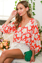 Orange Puff Sleeve Floral Print Woven Top