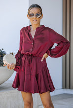 Wine Solid Adjustable Balloon Sleeve Dress