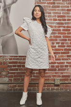 Off White Puff Sleeve Floral Textured Woven Mini Dress