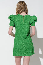 Green Puff Sleeve Floral Textured Woven Mini Dress