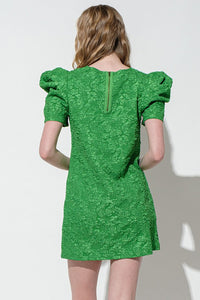 Green Puff Sleeve Floral Textured Woven Mini Dress