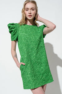 Green Puff Sleeve Floral Textured Woven Mini Dress