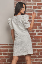 Off White Puff Sleeve Floral Textured Woven Mini Dress