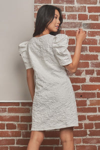 Off White Puff Sleeve Floral Textured Woven Mini Dress