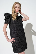 Black Puff Sleeve Floral Textured Woven Mini Dress