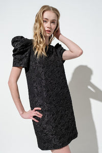 Black Puff Sleeve Floral Textured Woven Mini Dress