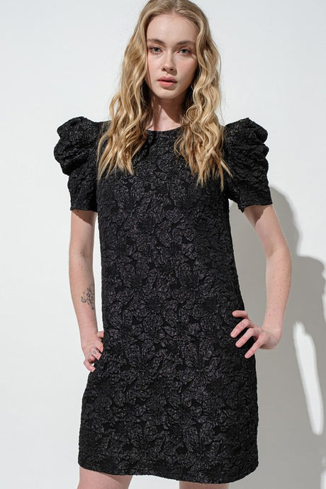 Black Puff Sleeve Floral Textured Woven Mini Dress