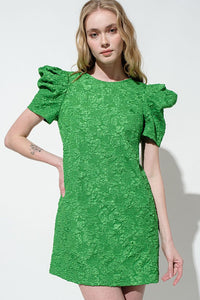 Green Puff Sleeve Floral Textured Woven Mini Dress