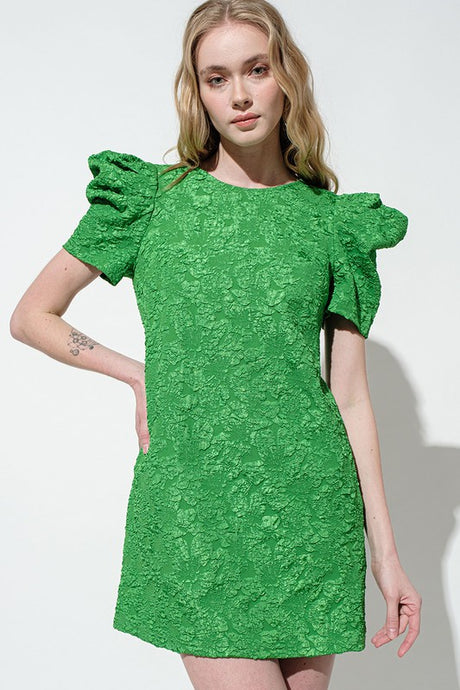 Green Puff Sleeve Floral Textured Woven Mini Dress