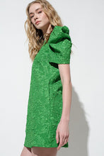 Green Puff Sleeve Floral Textured Woven Mini Dress