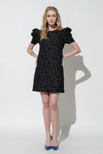 Black Puff Sleeve Floral Textured Woven Mini Dress