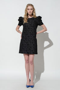 Black Puff Sleeve Floral Textured Woven Mini Dress