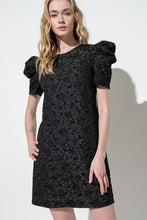 Black Puff Sleeve Floral Textured Woven Mini Dress