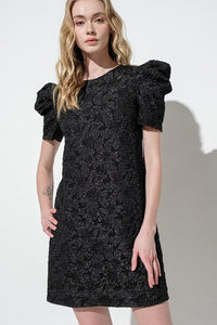 Black Puff Sleeve Floral Textured Woven Mini Dress