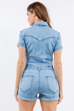 Light Denim Stretch Denim Romper With Button Down Detail
