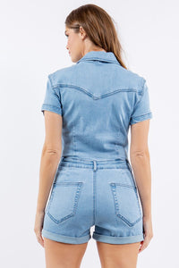 Light Denim Stretch Denim Romper With Button Down Detail