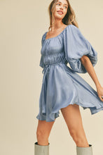 Powder Blue Metallic Bubble Sleeve Flared Mini Dress