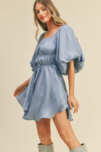 Powder Blue Metallic Bubble Sleeve Flared Mini Dress