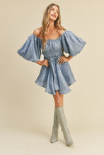 Powder Blue Metallic Bubble Sleeve Flared Mini Dress