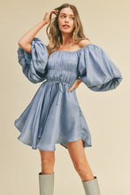 Powder Blue Metallic Bubble Sleeve Flared Mini Dress