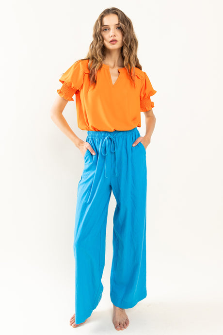 Blue Solid Straight Pants With Elastic Waist Band