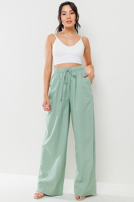Sage Solid Straight Pants With Elastic Waist Band