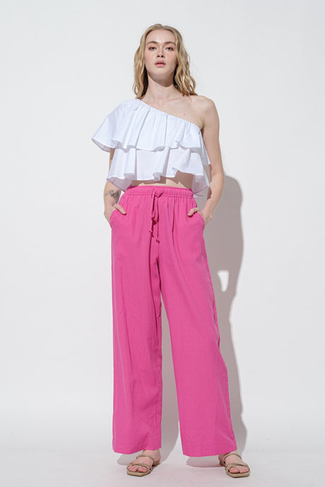 Pink Solid Straight Pants With Elastic Waist Band