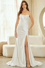 White Strapless Corset Evening Dress W/ Floral Applique
