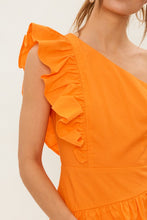 Bright Orange One Shoulder Linen Ruffled Mini Dress