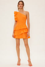 Bright Orange One Shoulder Linen Ruffled Mini Dress
