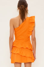 Bright Orange One Shoulder Linen Ruffled Mini Dress