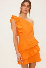 Bright Orange One Shoulder Linen Ruffled Mini Dress