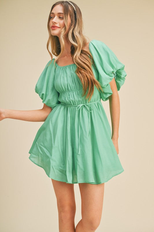 Green Bubble Sleeve Flared Mini Dress  Aquarius Brand