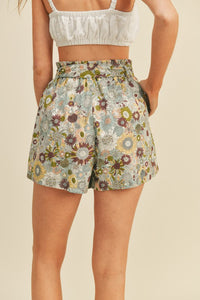 White Multi Floral Print High Waist Shorts