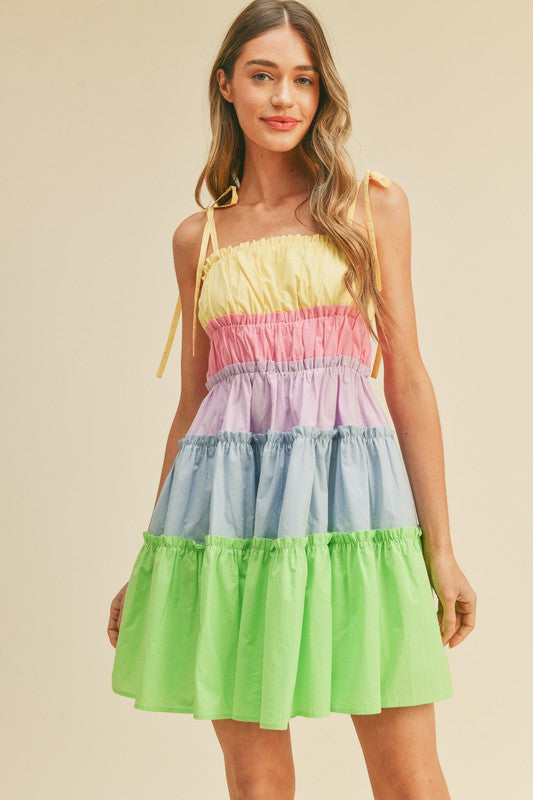 Limeade Multi Color Tiered Color Block Mini Dress  Aquarius Brand