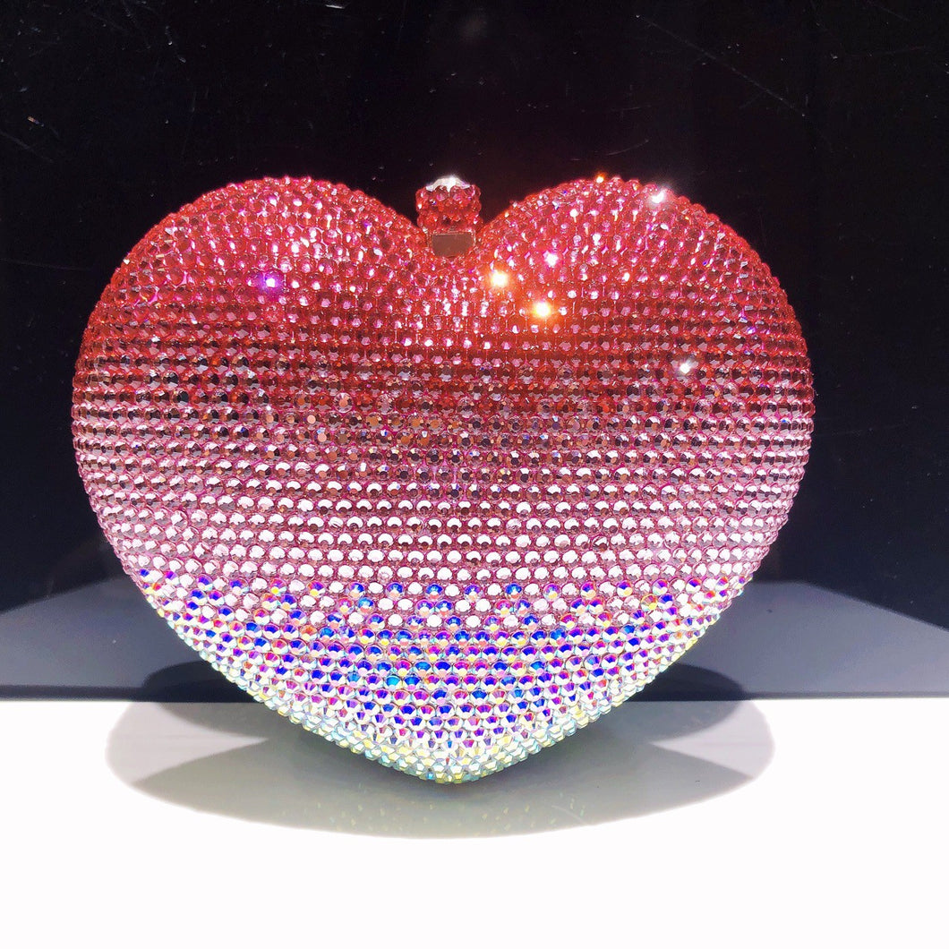 Red Gradient Color Heart Rhinestone Evening Bag