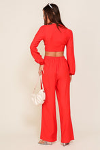 Red Set-Self Tie Long Sleeve Crop Top With Pants