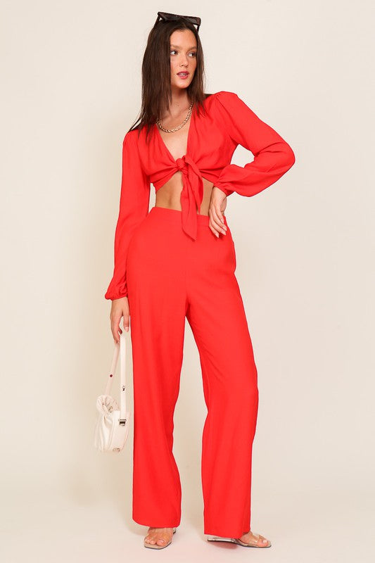 Red Set-Self Tie Long Sleeve Crop Top With Pants