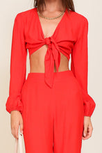Red Set-Self Tie Long Sleeve Crop Top With Pants