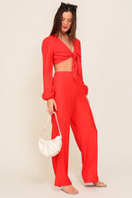 Red Set-Self Tie Long Sleeve Crop Top With Pants