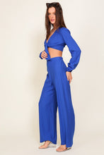 Royal Set-Self Tie Long Sleeve Crop Top With Pants