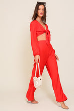 Red Set-Self Tie Long Sleeve Crop Top With Pants