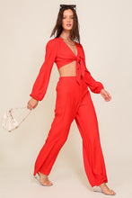 Red Set-Self Tie Long Sleeve Crop Top With Pants