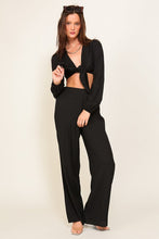 Black Set-Self Tie Long Sleeve Crop Top With Pants