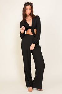 Black Set-Self Tie Long Sleeve Crop Top With Pants