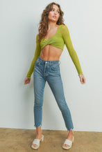 Green Mesh Sleeve Twisted Cropped Long Slleve Top