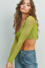 Green Mesh Sleeve Twisted Cropped Long Slleve Top