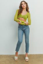 Green Mesh Sleeve Twisted Cropped Long Slleve Top