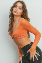 Orange Mesh Sleeve Twisted Cropped Long Slleve Top